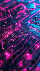 Wall Mural - Glowing pink and blue lights on a circuit board symbolize data flow and technology power, showcasing innovation and science in the digital world