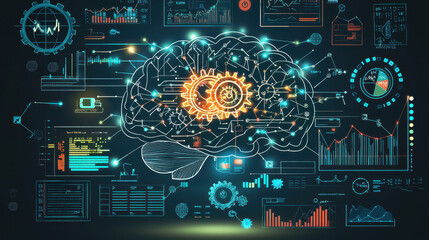 Futuristic digital brain with gears and data analysis charts, showcasing artificial intelligence and machine learning concepts on a dark background