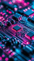 Canvas Print - Complex electronic circuit board with a central processing unit highlighted in blue and pink lights, representing the concept of modern technology