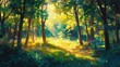 © VRVisionary - Oil painting depicting a vibrant forest filled with lush green deciduous trees illuminated by warm sunlight filtering through the leaves