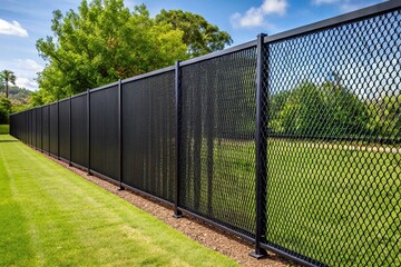 Black vinyl coated chain link fence with vertical black privacy slats