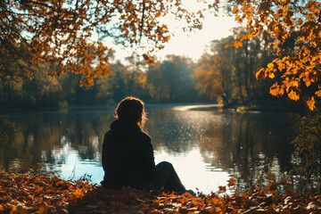 Wall Mural - Dramatic quiet autumn scene, sad minded person contemplating rainy day, Generative AI