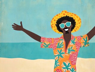 Joyful man with an afro hairstyle wearing summer attire a sun hat and sunglasses gesturing towards a sandy beach