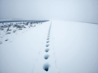 Wall Mural - A snowy field with a line of footprints in the snow. The footprints are in a row and are spaced out. The snow is deep and the sky is cloudy