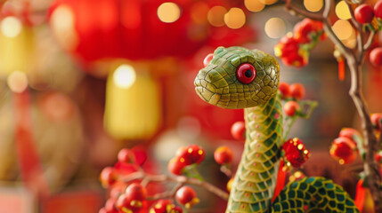 a cute green snake made by wood, fesive lunar new year banner