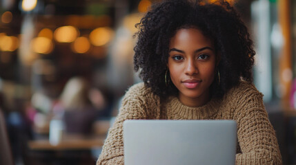 Wall Mural - A woman with curly hair is sitting at a table with a laptop in front of her