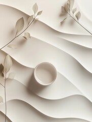 Poster - A tea cup sits gracefully among flowing paper waves and soft leaves, creating a tranquil and calming atmosphere for relaxation. Generative AI