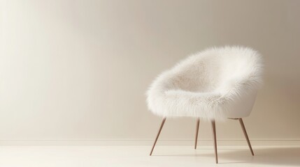 Poster - White fur chair with a modern design is standing in a bright minimalist room with a beige wall. The image evokes feelings of peace and quiet