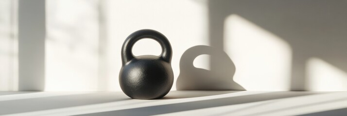Poster - The black kettlebell stands alone on a surface, illuminated by soft morning light creating a striking shadow against the wall. Generative AI