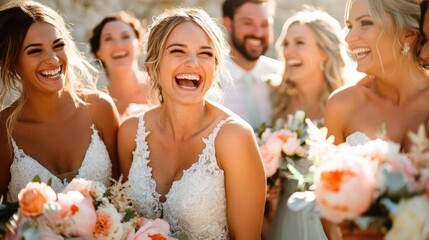 candid moment of the bridal party laughing together, captured in vibrant sunlight, joyful and sponta