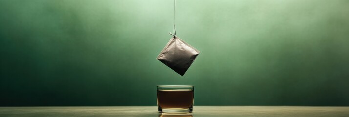Aufkleber - A tea bag hangs above a glass cup filled with warm tea, creating a soothing atmosphere with soft green light in the background. Generative AI