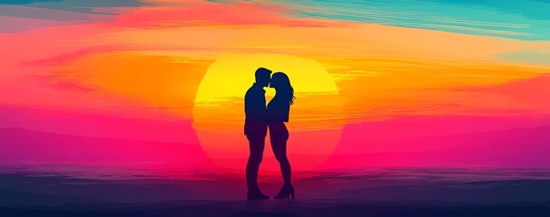 A vector banner style illustration of a silhouette of a couple sharing a kiss with a gradient yellow, red and blue sunset background, valentines day concept, copy space for text