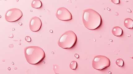 Poster - Delicately arranged water drops on smooth pink surface, glistening under light, evoke beauty and simplicity, perfect for skincare or spa concepts