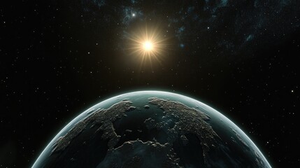 Wall Mural - panoramic view of the earth sun stars and galaxy in a 3d cartoon rendering sunrise above the planet 