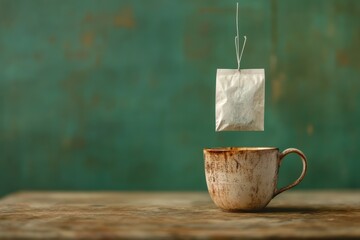 Poster - A tea bag is gently dipping into a vintage cup, creating a warm, inviting atmosphere perfect for relaxation and comfort. Generative AI