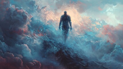 Aufkleber - A misty figure navigates an ethereal landscape constantly shifting form amidst clouds and waves of color