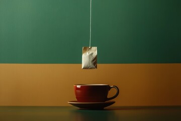 Sticker - A tea bag is gently dipped into a red cup placed on a saucer, surrounded by a warm, inviting backdrop for a relaxing moment. Generative AI