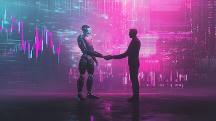 Poster - Exploring the future of interaction a human and a robot shake hands amidst digital stock market trends