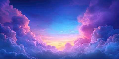 blue sky with fluffy clouds during sunset in a natural setting, scenic sunset with fluffy clouds in 