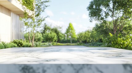 3D rendering of an empty white stone marble table top with a blurred interior space featuring a view of greenery from a garden suitable for product display or montage