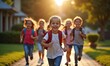 © Ruslan Gilmanshin - A group of children with colorful backpacks are joyfully running
