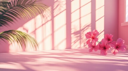 Wall Mural - 3D rendering of an abstract gradient pink studio background for product presentation with shadows of windows flowers and palm leaves in an empty room Blurred backdrop featuring ample copy space