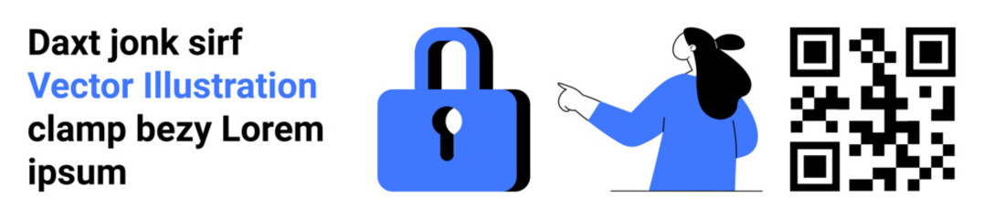 Padlock icon, person pointing, QR code, and placeholder text in modern design. Ideal for digital security, technology, privacy, identity verification, authentication. Landing page