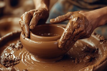 Artisan shaping clay in a pottery workshop, skilled hands crafting ceramics, traditional craftsmanship, pottery making concept 