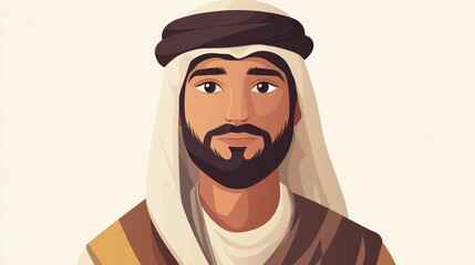 Portrait of a young Middle Eastern man with a beard dressed in traditional attire Flat cartoon illustration style