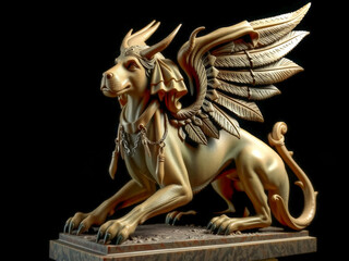 Wall Mural - A gold statue of a dog with wings. The statue is on a black background