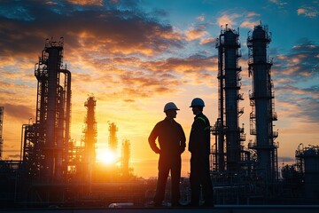 Silhouettes of two workers at sunset. This image can be used to illustrate topics like oil and gas, industrial work, and energy production.