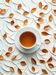 Poster - A tea cup rests elegantly among vibrant leaves, forming gentle waves that evoke a sense of calm and harmony with nature. Generative AI