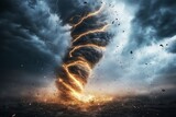 dramatic and powerful tornado. Lightning thunderstorm flash over the night sky. Concept on topic weather, cataclysms (hurricane, Typhoon, tornado, storm). Stormy Landscape