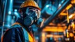 © stopcontrol - Man in a gas mask, inspecting pipes in a chemical refinery, dressed in full protective gear.