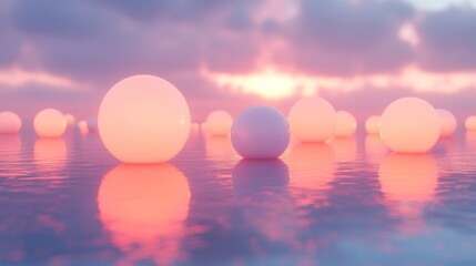 Poster - Spheres of varying sizes float gently on still water as the sun sets, illuminating the scene with soft pastel colors that reflect upon the surface, evoking tranquility.