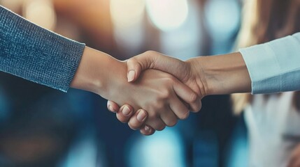 Professional woman shaking hands with a business partner after closing a deal, showing confidence and mutual respect in a corporate environment.