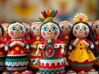 Wall Mural - A group of dolls with colorful clothing and accessories. The dolls are arranged in a row, with some standing upright and others sitting down. The dolls have a playful and cheerful appearance