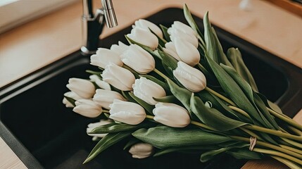 A beautiful arrangement of white tulips with long green stems is placed on a black countertop in front of a stylish sink, adding a touch of elegance to the indoor space