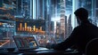 © Netthida Arsa - A business analyst working on a laptop in a sophisticated office environment surrounded by charts and documents with a large glass window offering a view of the city skyline in the background