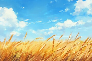 Golden wheat field waving against bright blue sky, copy space, background concept 