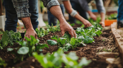 Community-building initiatives in action, showing local residents working together to create a community garden, fostering relationships and collaboration in an urban setting