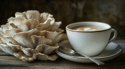 Turkey tail mushroom coffee superfood on a rustic wooden surface