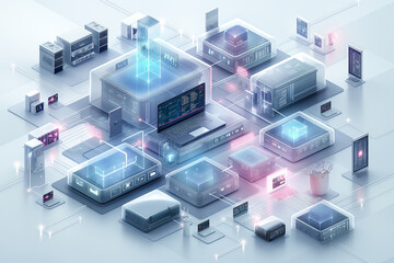 3D isometric icons of computers, laptops, and other technology equipment.