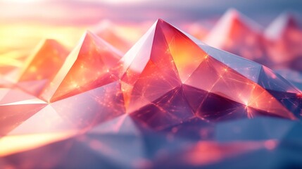 Aufkleber - Colorful geometric peaks rise from a smooth surface, illuminated by warm sunlight during sunset, creating a captivating abstract landscape.