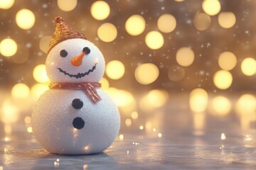 A 3D rendering illustration of a snowman with a bokeh lights background - Merry Christmas card with generative ai