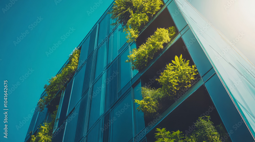 View of Green walls covering the facade of a modern office building, with ...