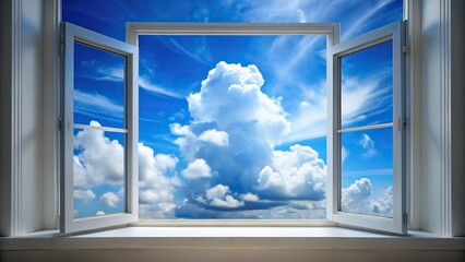 blue sky with thick white cloud behind closed window aerial view