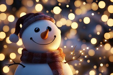 A 3D rendering illustration of a snowman with a bokeh lights background - Merry Christmas card with generative ai