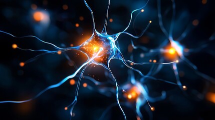 close-up view of a neural network showcasing intricate neuron structures and glowing connections, re