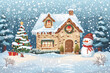 © Alberto Gonzalez  - A cozy snow-covered cottage with a decorated Christmas tree, snowman, and festive decorations, capturing a winter wonderland.